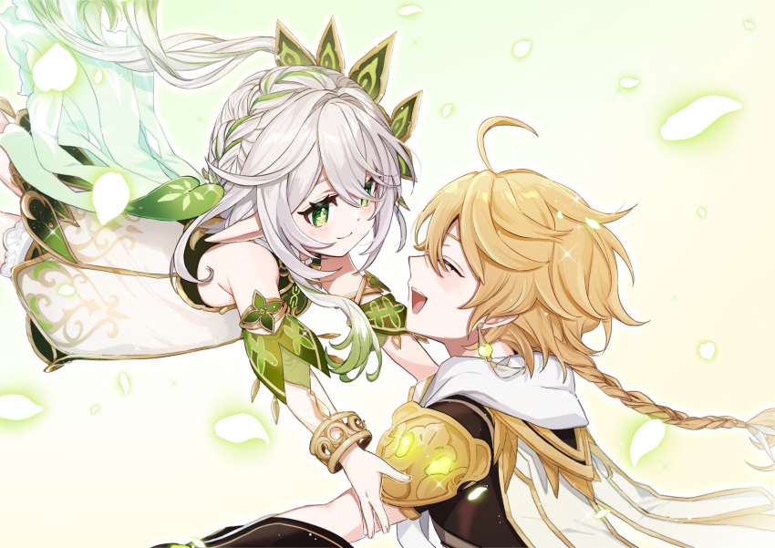1boy 1girl ^_^ ^o^ aether_(genshin_impact) ahoge bangs bare_shoulders blonde_hair braid closed_eyes commentary_request detached_sleeves dress earrings genshin_impact gradient_hair green_eyes green_hair hair_between_eyes hair_ornament highres imminent_hug jewelry long_hair looking_at_another multicolored_hair nahida_(genshin_impact) open_mouth pointy_ears short_sleeves side_ponytail sidelocks single_braid single_earring smile sushi_171 symbol-shaped_pupils two-tone_hair upper_body white_dress white_hair