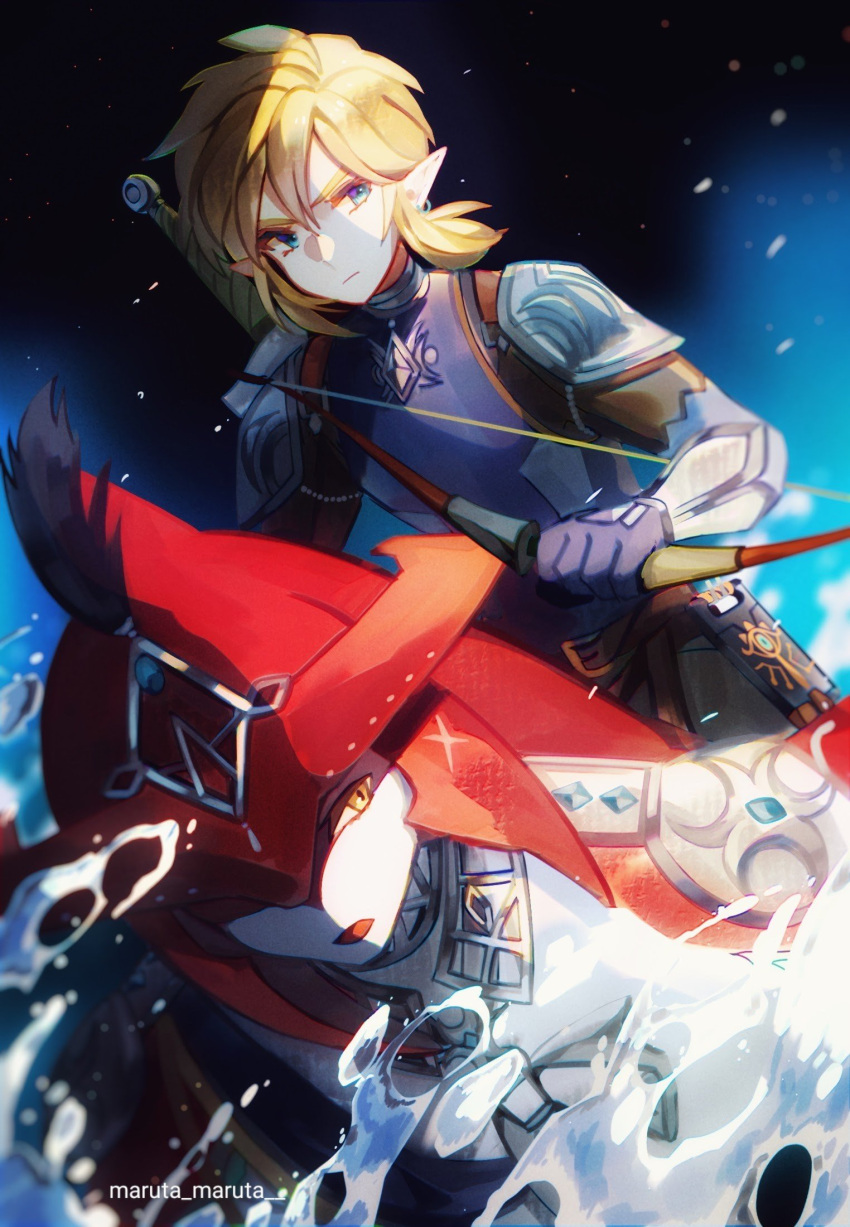 1boy 1girl armor artist_name battle blonde_hair blue_eyes bow_(weapon) colored_skin earrings fish_girl gloves hair_between_eyes head_fins highres holding holding_bow_(weapon) holding_weapon jewelry link low_ponytail maruta_maruta medium_hair mipha multicolored_skin neck_ring parted_lips pointy_ears red_skin shoulder_armor sidelocks sword the_legend_of_zelda the_legend_of_zelda:_breath_of_the_wild two-tone_skin water weapon weapon_on_back white_skin yellow_eyes zora