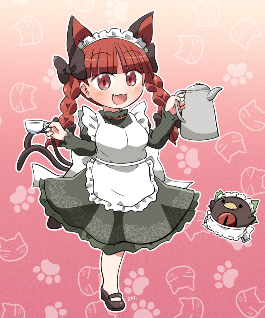 1girl :3 :d alternate_costume animal_ear_fluff animal_ears animal_print apron bangs blunt_bangs blush bow braid breasts cat_ears cat_print cat_tail cup dress enmaided extra_ears fang gradient gradient_background hands_up heart highres holding holding_cup holding_teapot juliet_sleeves kaenbyou_rin large_breasts long_sleeves looking_at_viewer maid maid_headdress multiple_tails nekomata outline paw_print pink_background pink_eyes puffy_sleeves redhead reiuji_utsuho reiuji_utsuho_(bird) rokugou_daisuke smile solo standing standing_on_one_leg tail teacup teapot touhou tray twin_braids two_tails waist_apron white_outline