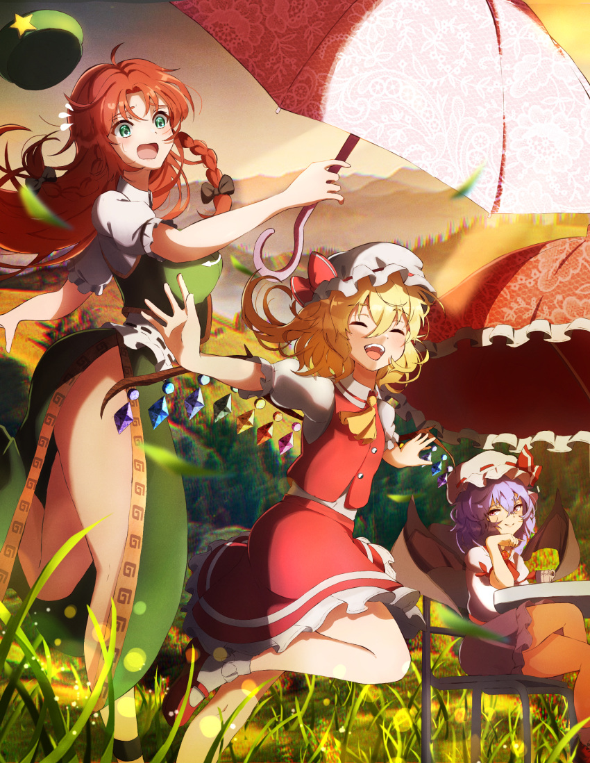 3girls absurdres ascot bangs bat_wings beret blonde_hair blurry blush bow braid chair china_dress chinese_clothes closed_eyes collared_shirt crossed_legs crystal cup depth_of_field dress fang feet_out_of_frame flandre_scarlet flying_sweatdrops frilled_skirt frilled_sleeves frilled_umbrella frills grass green_dress green_eyes green_headwear green_vest hair_between_eyes hair_bow hat hat_ornament hat_ribbon head_rest highres holding holding_umbrella hong_meiling leg_up light_particles long_hair mary_janes mob_cap mot_(gnun2235) mountainous_horizon multiple_girls on_chair open_mouth outdoors outstretched_arms parasol pink_headwear pink_shirt pink_skirt purple_hair red_ascot red_ribbon red_skirt red_vest redhead remilia_scarlet ribbon ribbon_trim shirt shoes short_hair short_sleeves sitting skirt skirt_set smile socks spread_arms star_(symbol) star_hat_ornament sweat table teacup teeth thighs touhou twin_braids umbrella vest white_shirt wings yellow_ascot