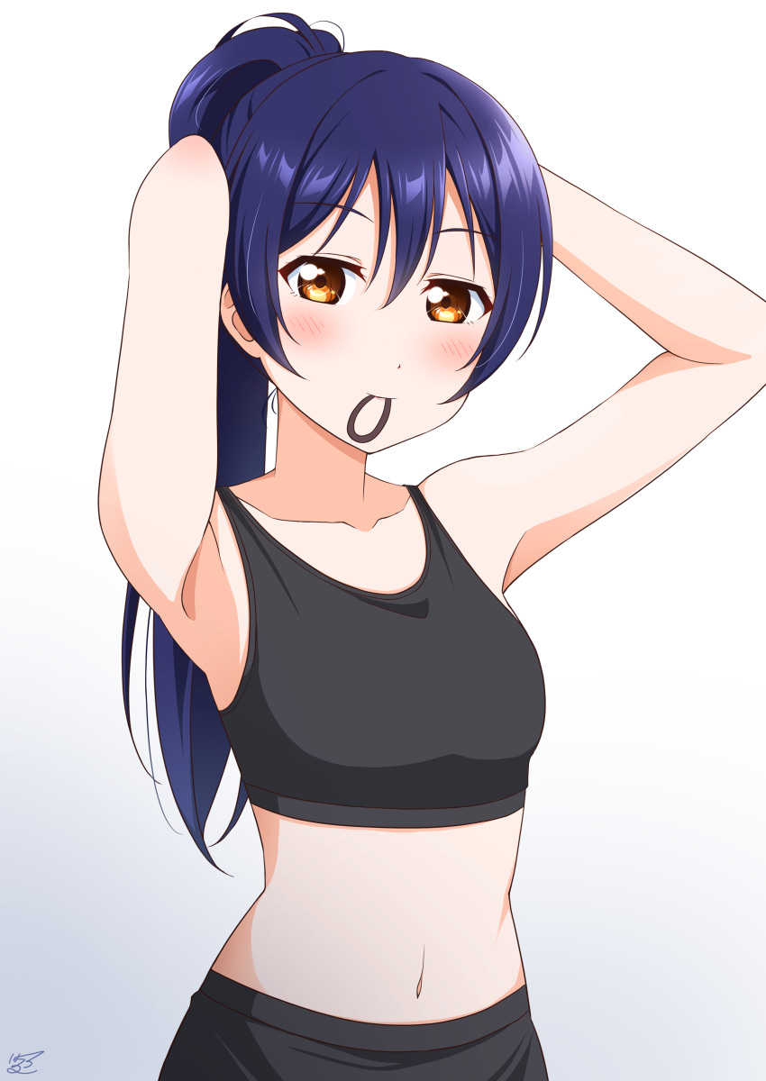 1girl absurdres armpits arms_up bangs black_sports_bra blue_hair blush closed_mouth collarbone hair_tie_in_mouth haruharo_(haruharo_7315) highres long_hair looking_at_viewer love_live! love_live!_school_idol_project midriff mouth_hold navel ponytail simple_background smile solo sonoda_umi sports_bra stomach tying_hair underwear upper_body white_background yellow_eyes