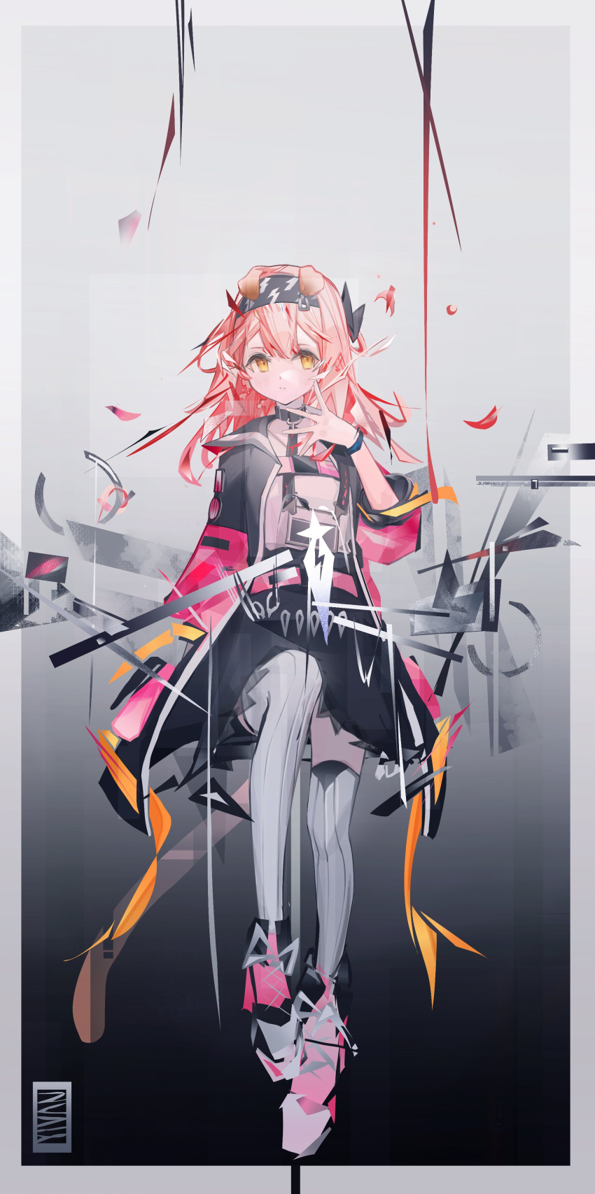 1girl absurdres animal_ears arknights black_coat black_collar black_hairband black_skirt cat_ears cat_girl closed_mouth coat collar commentary expressionless fatfishyivan full_body goldenglow_(arknights) hairband highres infection_monitor_(arknights) long_hair looking_at_viewer pink_coat pink_footwear pink_hair shirt shoes skirt sneakers solo thigh-highs two-tone_coat white_shirt white_thighhighs yellow_eyes