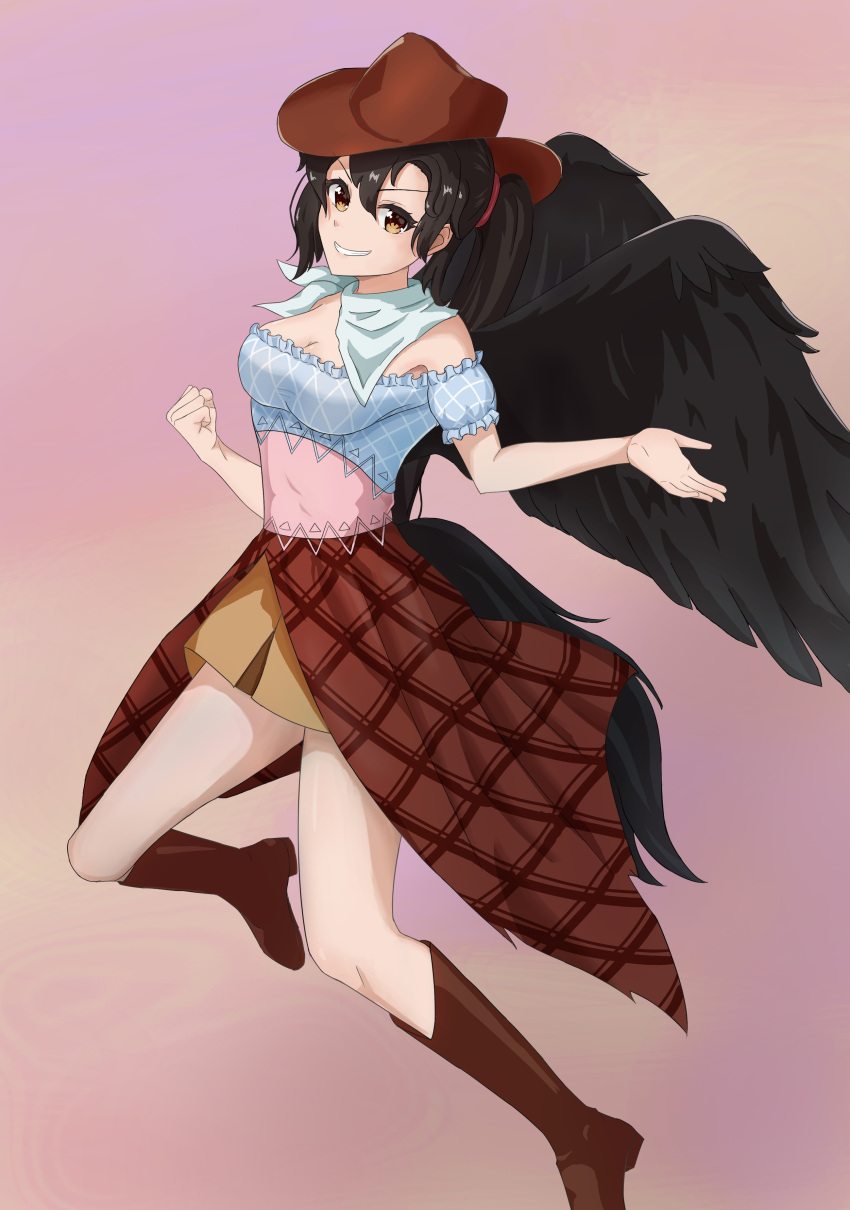 1girl absurdres bird_wings black_hair blue_shirt boots brown_eyes brown_footwear brown_skirt clenched_hand cowboy_hat gradient gradient_background hair_ornament hat highres kurokoma_saki ponytail shirt short_sleeves skirt smile solo tail tarorin1111 touhou wings