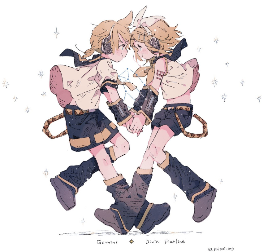ahoge bare_shoulders blonde_hair blue_eyes blush bow brother_and_sister detached_sleeves evillious_nendaiki eye_contact face-to-face gemini_(constellation) gemini_(vocaloid) hair_bow hair_ornament hairclip hazime headphones headset highres holding_hands kagamine_len kagamine_rin leg_up leg_warmers looking_at_another midriff midriff_peek neckerchief necktie number_tattoo profile sailor_collar sailor_shirt shirt short_ponytail short_sleeves shorts shoulder_tattoo siblings sleeveless sleeveless_shirt smile song_name standing standing_on_one_leg tattoo twins vocaloid white_bow yellow_neckerchief yellow_necktie