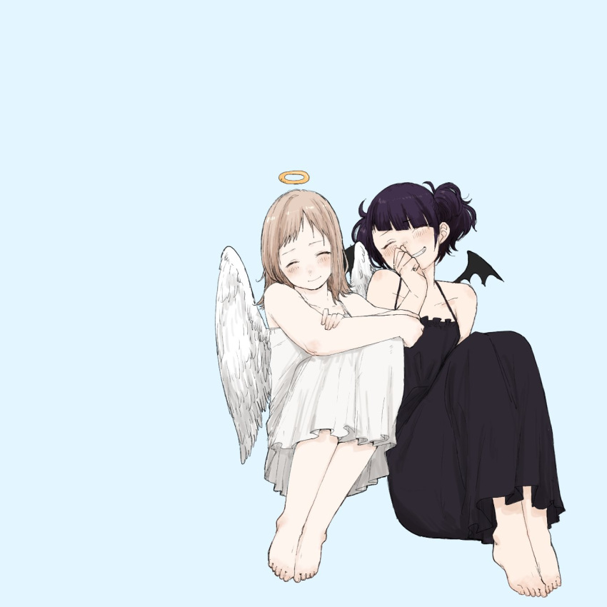 2girls angel_and_devil angel_wings bangs barefoot black_dress blush brown_hair clenched_hand closed_eyes closed_mouth collarbone demon_wings diagonal_bangs dress grin halo hand_on_own_face highres idolmaster idolmaster_shiny_colors laughing light_blue_background long_hair medium_hair multiple_girls open_mouth purple_hair sakuragi_mano same_reimei short_twintails sitting smile tanaka_mamimi twintails white_dress wings