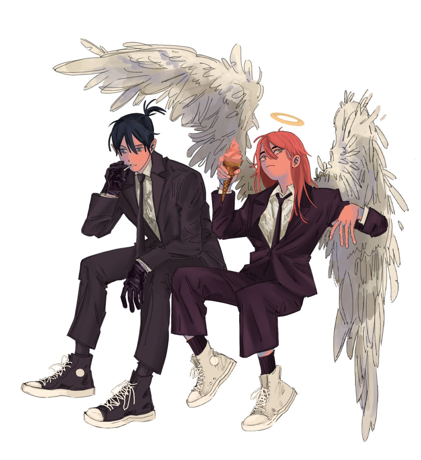 2boys angel_devil_(chainsaw_man) angel_wings black_gloves black_hair black_jacket black_necktie black_pants chainsaw_man cigarette collared_shirt food formal gloves hair_between_eyes halo hayakawa_aki highres holding holding_cigarette holding_ice_cream ice_cream invisible_chair jacket long_hair looking_to_the_side makosh_(nemakoshh) multiple_boys necktie pants redhead shirt short_hair simple_background sitting smoking suit topknot white_background white_footwear white_shirt white_wings wings