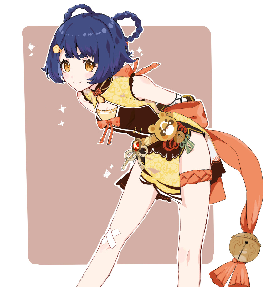 1girl absurdres armlet arms_behind_back bandaid bandaid_on_knee bandaid_on_leg bangs belt bent_over black_hair blunt_bangs braid cameo chinese_clothes commentary_request genshin_impact guoba_(genshin_impact) hair_ornament hairclip highres long_hair looking_at_viewer sidelocks simple_background sleeveless smile solo sushi_171 thick_eyebrows thighlet vision_(genshin_impact) xiangling_(genshin_impact) yellow_eyes