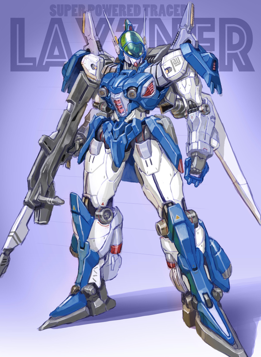 absurdres aoki_ryuusei_spt_layzner character_name clenched_hand commentary_request green_eyes gun highres holding holding_gun holding_weapon layzner looking_away maeda_hiroyuki mecha no_humans radio_antenna redesign robot science_fiction shadow solo standing weapon