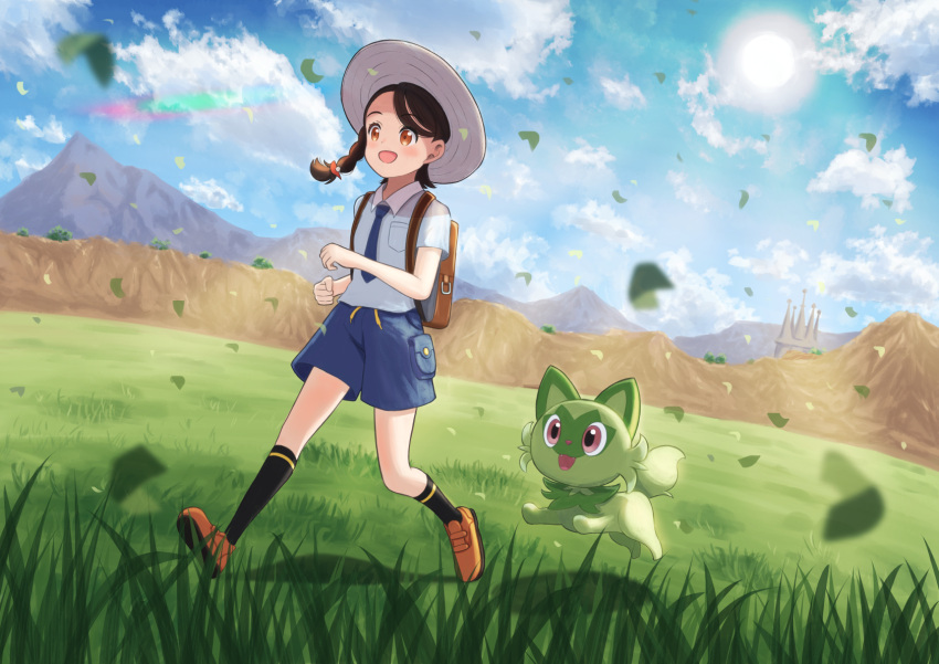1girl asama_fumi backpack bag black_socks braid brown_bag brown_eyes brown_footwear brown_hair clouds collared_shirt commentary_request day eyelashes falling_leaves field grass grey_headwear hat highres juliana_(pokemon) leaf necktie open_mouth outdoors pokemon pokemon_(creature) pokemon_(game) pokemon_sv shirt shoes shorts sky smile socks sprigatito standing sun