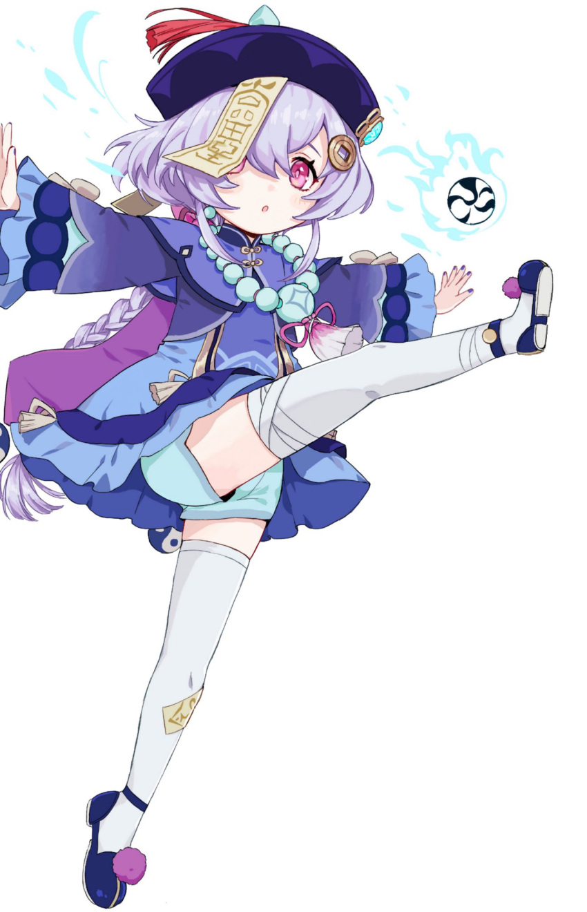 1girl aqua_shorts bangs bead_necklace beads braid chinese_clothes coin_hair_ornament commentary_request earrings genshin_impact hair_ornament hair_over_one_eye hat highres jewelry jiangshi kicking long_hair long_sleeves looking_at_viewer low_ponytail necklace orb outstretched_arms parted_lips purple_hair qing_guanmao qiqi_(genshin_impact) shoes short_shorts shorts sidelocks simple_background single_braid solo spread_arms standing standing_on_one_leg sushi_171 thigh-highs violet_eyes vision_(genshin_impact) white_background white_thighhighs yin_yang yin_yang_orb zettai_ryouiki