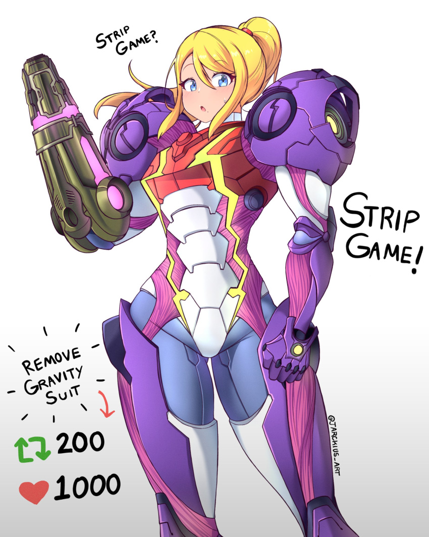 1girl bangs blonde_hair blue_eyes bodysuit gravity_suit highres jarckius long_hair looking_at_viewer meme metroid metroid_dread mole mole_under_mouth ponytail power_suit power_suit_(metroid) samus_aran simple_background solo twitter_strip_game_(meme) weapon