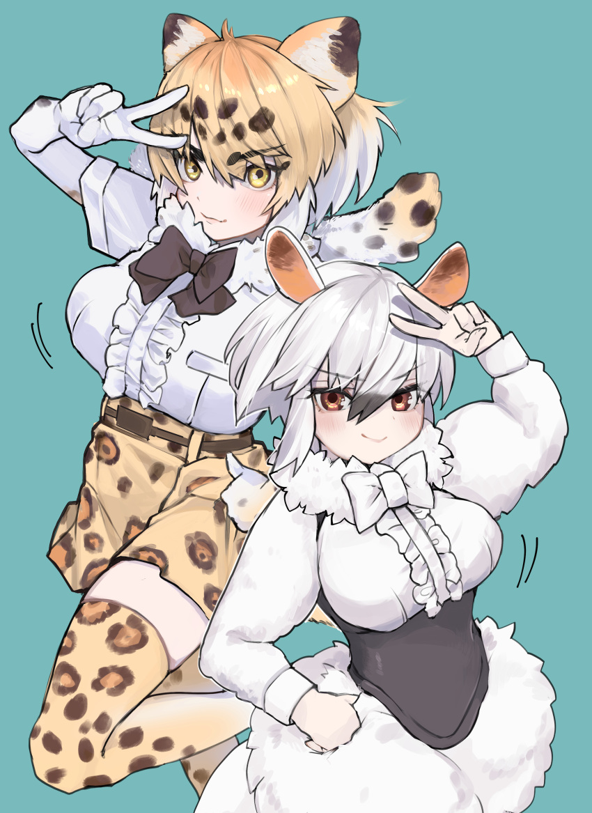 &gt;:) 2girls a888_n22 absurdres animal_ears animal_print arm_up bangs belt black_bow black_bowtie black_hair blonde_hair blue_background bow bowtie breast_pocket breasts center_frills closed_mouth colored_inner_hair corset dress elbow_gloves frills fur_collar fur_scarf gloves hair_between_eyes hand_on_hip height_difference highres jaguar_(kemono_friends) jaguar_ears jaguar_girl jaguar_print jaguar_tail kemono_friends large_breasts long_sleeves looking_at_viewer medium_breasts medium_hair miniskirt multicolored_hair multiple_girls pocket print_gloves print_skirt print_thighhighs red_eyes scarf simple_background skirt smile southern_tamandua_(kemono_friends) tail tamandua_ears tamandua_tail taut_clothes thick_eyebrows thigh-highs v v-shaped_eyebrows white_bow white_bowtie white_hair yellow_eyes zettai_ryouiki