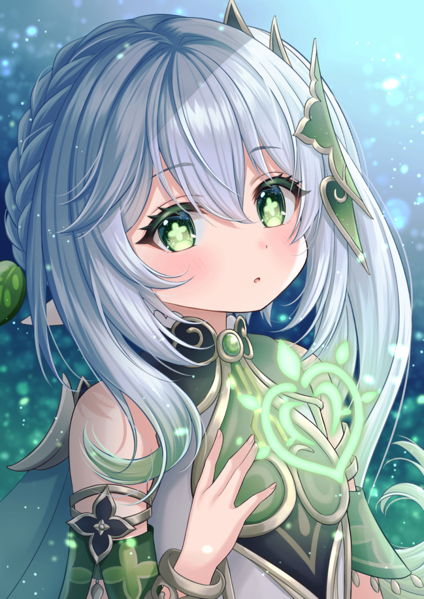 1girl bangs blush bracelet cape commentary_request cross-shaped_pupils detached_sleeves dress female_child genshin_impact gradient_hair green_cape green_eyes green_hair green_sleeves hair_between_eyes hair_ornament highres hiiragi_kei jewelry leaf_hair_ornament long_hair looking_at_viewer multicolored_hair nahida_(genshin_impact) parted_lips pointy_ears short_sleeves side_ponytail sidelocks sleeveless sleeveless_dress solo symbol-shaped_pupils white_hair