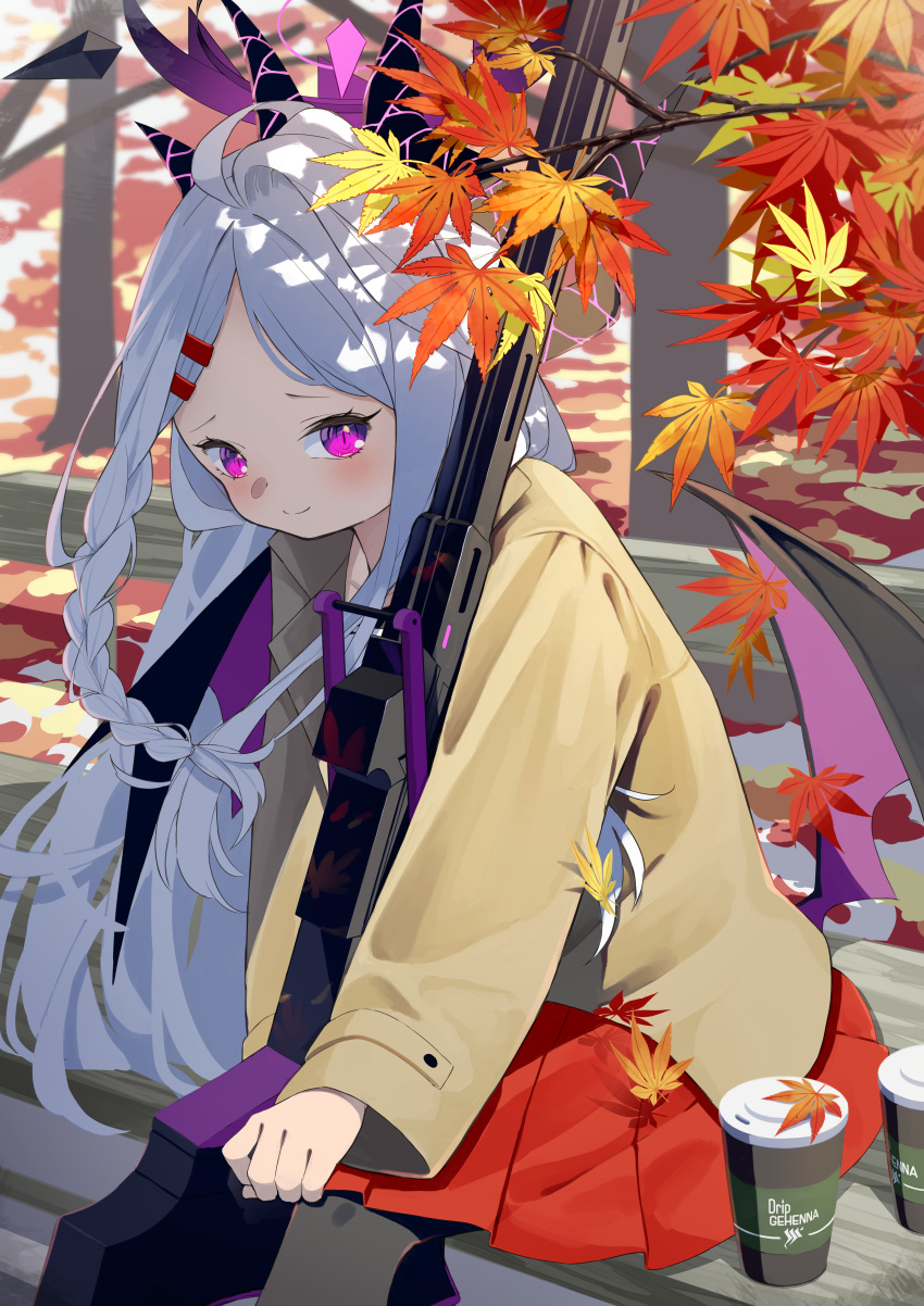 1girl absurdres ahoge alternate_costume alternate_hairstyle autumn_leaves bangs bench blue_archive blurry braid casual coffee_mug commentary_request cup demon_girl demon_horns demon_wings depth_of_field disposable_cup forehead gun hair_ornament hairclip halo highres hina_(blue_archive) horns leaf leaning_forward long_hair long_sleeves looking_at_viewer machine_gun maple_leaf mg42 mug park_bench parted_bangs sidelocks single_braid sitting_on_bench smile solo violet_eyes weapon white_hair wings yuki_hishaku