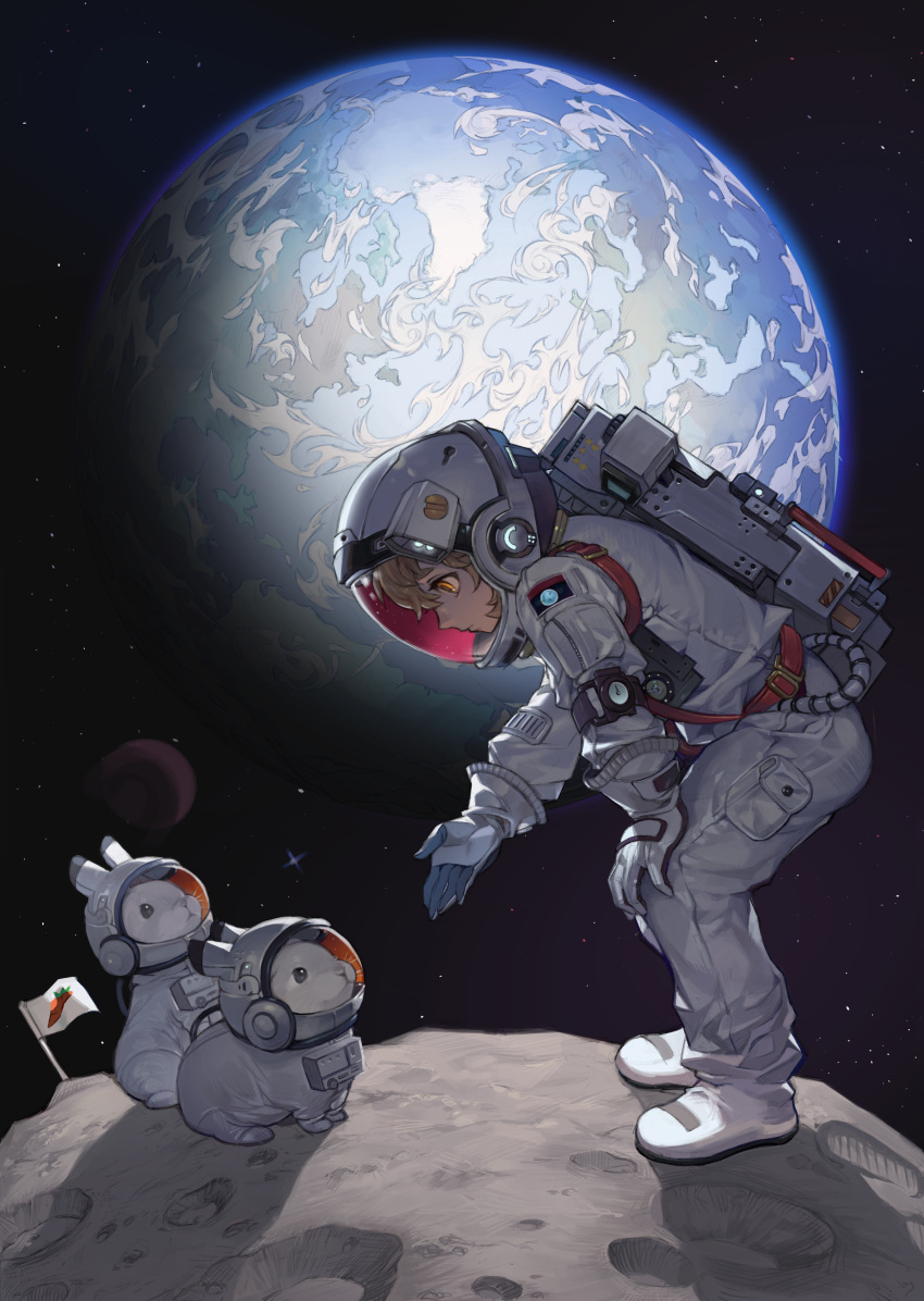 1girl absurdres animal backpack bag belt brown_eyes closed_mouth commentary earth_(planet) english_commentary expressionless flag full_body gloves hai2022 hand_on_own_knee highres light_brown_hair long_sleeves looking_at_animal looking_at_another looking_down moon_rabbit on_moon original planet profile rabbit reaching red_belt shadow solo space space_helmet spacesuit standing star_(sky) white_footwear white_gloves
