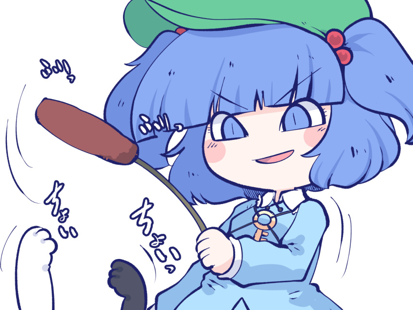 1girl blue_eyes blue_hair blue_shirt blue_skirt blush_stickers fried_rice0614 green_headwear hair_bobbles hair_ornament hat kawashiro_nitori key long_sleeves motion_lines one-hour_drawing_challenge open_mouth shirt short_hair simple_background skirt smile solo touhou two_side_up white_background