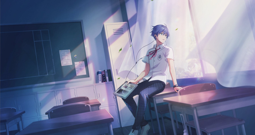 1boy ahoge amamine_shuu blue_eyes blue_hair breast_pocket buttons chair classroom desk earphones hair_between_eyes highres idolmaster idolmaster_side-m idolmaster_side-m_growing_stars locker male_focus neck_ribbon official_art on_desk pocket ribbon school_chair school_uniform shirt shoes short_sleeves sitting sitting_on_desk sunlight third-party_source watch