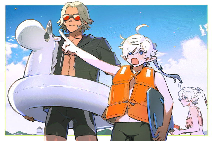 1girl 2boys ahoge alisaie_leveilleur alphinaud_leveilleur alternate_costume bangs bare_shoulders bikini bikini_top_only black_jacket blue_eyes blue_sky border braid braided_ponytail brother_and_sister carrying carrying_under_arm chinese_commentary clouds collarbone commentary_request covered_eyes cowboy_shot day earclip earrings elezen elf final_fantasy final_fantasy_xiv food fruit grey_hair hair_ribbon holding holding_food holding_fruit inflatable_unicorn innertube jacket jewelry life_vest long_hair looking_ahead looking_at_another male_focus male_swimwear multiple_boys nervous open_mouth outdoors outside_border outstretched_arm parted_bangs pointing pointing_forward pointy_ears ribbon short_hair siblings sideburns single_braid single_earring sky standing summer sunglasses sweatdrop swept_bangs swim_trunks swimsuit twins urianger_augurelt watermelon watermelon_slice white_border white_hair wuliu_heihuo