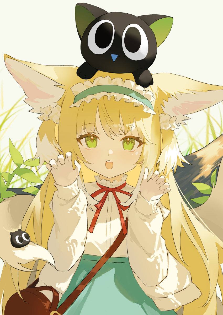 1girl absurdres animal_ear_fluff animal_ears animal_on_head arknights bag black_cat blue_hairband blue_skirt cat claw_pose commentary_request fox_ears fox_girl fox_tail frilled_hairband frills grey_background hairband hands_up heixiu highres kitsune luoxiaohei neck_ribbon on_head pingdiguo red_ribbon ribbon shirt shoulder_bag simple_background skirt suzuran_(arknights) suzuran_(spring_praise)_(arknights) tail the_legend_of_luo_xiaohei white_shirt