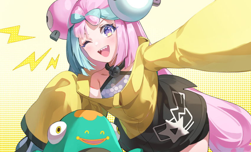 1girl bellibolt bow-shaped_hair character_hair_ornament hair_ornament hexagon_print highres hoshiko_(419401x) iono_(pokemon) jacket multicolored_hair oversized_clothes pokemon pokemon_(game) pokemon_sv sharp_teeth sleeves_past_fingers sleeves_past_wrists split-color_hair teeth twintails very_long_sleeves x yellow_jacket