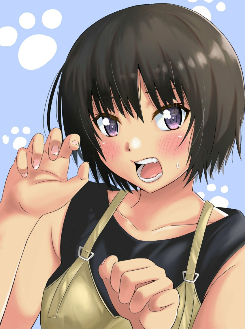 1girl amagami bangs bare_shoulders black_hair black_shirt blue_background blue_overalls blush breasts claw_pose close-up collarbone commentary embarrassed hair_between_eyes hair_strand hands_up highres jishaku_(user_rcuz2843) looking_at_viewer medium_breasts nanasaki_ai open_mouth overalls paw_print shirt short_hair sleeveless sleeveless_shirt solo sweatdrop teeth violet_eyes yellow_overalls