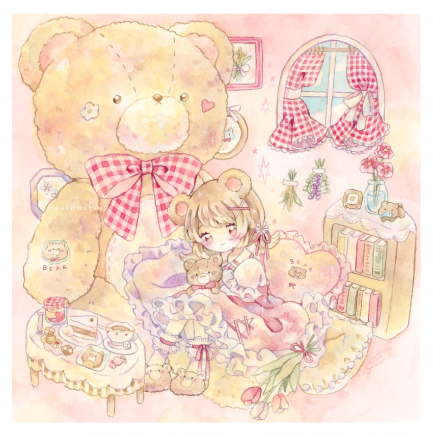 1girl animal_ears animal_print bangs bear_ears bear_print book bookshelf border bow brown_footwear brown_hair cake cake_slice checkerboard_cookie cookie cup curtains day dress drink english_text female_child flower food frilled_dress frilled_pillow frilled_sleeves frills hair_flower hair_ornament hair_ribbon hairpin heart highres indoors jar light_brown_hair lolita_fashion looking_at_viewer oversized_object pastel_colors picture_frame pillow pink_dress pink_eyes pink_flower pink_ribbon pink_tulip puffy_short_sleeves puffy_sleeves red_bow red_eyes ribbon short_hair short_sleeves siena0817 sitting smile stuffed_animal stuffed_toy table tablecloth teddy_bear tulip two-tone_dress vase wallpaper_(object) white_border white_bow white_dress white_flower white_ribbon window x_hair_ornament