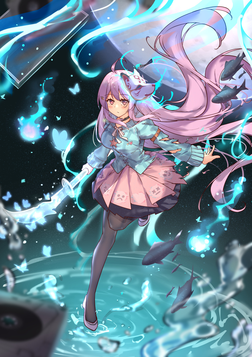 1girl :/ absurdres ahoge aqua_shirt bangs breasts bug butterfly choker closed_mouth diving_penguin expressionless fish fox_mask full_body hata_no_kokoro highres hitodama holding holding_polearm holding_weapon large_breasts layered_skirt long_hair long_sleeves looking_at_viewer mask mask_on_head moon outstretched_arm outstretched_hand pantyhose pink_eyes pink_footwear pink_hair pink_skirt plaid plaid_shirt polearm ribbon running shirt shoes skirt solo starry_background torn_clothes touhou very_long_hair water wavy_hair weapon white_ribbon