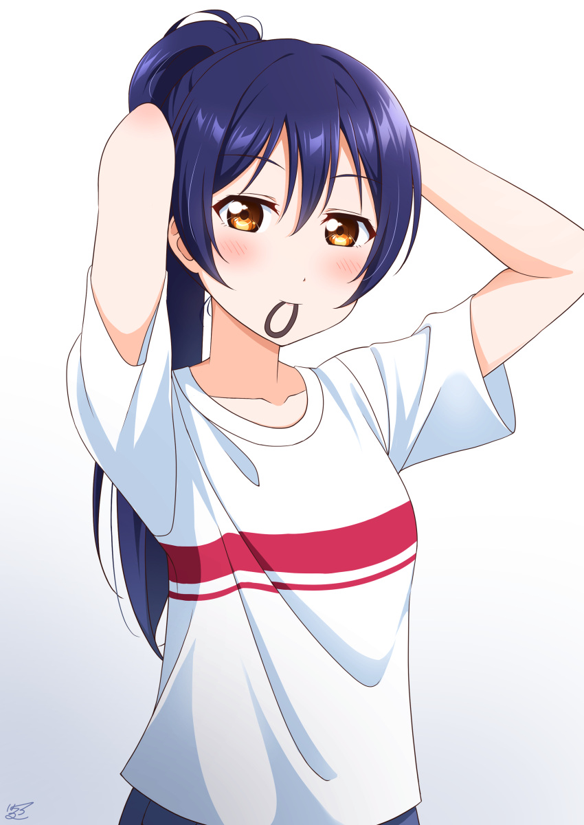 1girl absurdres arms_up bangs blue_hair blush closed_mouth collarbone hair_tie hair_tie_in_mouth haruharo_(haruharo_7315) highres long_hair looking_at_viewer love_live! love_live!_school_idol_project mouth_hold ponytail shirt short_sleeves simple_background smile solo sonoda_umi swept_bangs tying_hair upper_body white_background white_shirt yellow_eyes