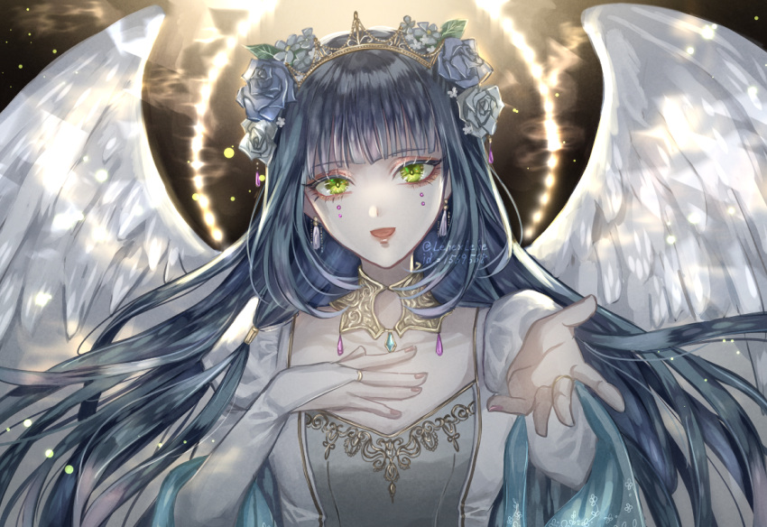 1girl :d angel angel_wings bangs bridal_gauntlets brown_background collarbone dress flower gradient gradient_background green_eyes grey_dress grey_flower hair_flower hair_ornament halo hand_up juliet_sleeves long_hair long_sleeves open_mouth original puffy_sleeves purple_flower smile solo upper_body watermark white_dress wings z-epto_(chat-noir86)