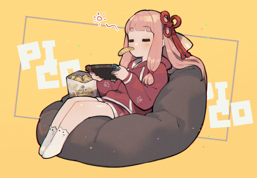 1girl =_= bangs bean_bag_chair blush chips_(food) closed_eyes commentary_request controller food full_body game_controller hair_ribbon highres holding holding_controller holding_game_controller hood hoodie joy-con kotonoha_akane long_hair long_sleeves muji_body_fitting_sofa nintendo_switch no_shoes open_mouth orange_background pink_hair potato_chips red_hoodie red_ribbon red_shorts ribbon shirinda_fureiru shorts sidelocks simple_background sitting socks solo sound_effects voiceroid white_socks