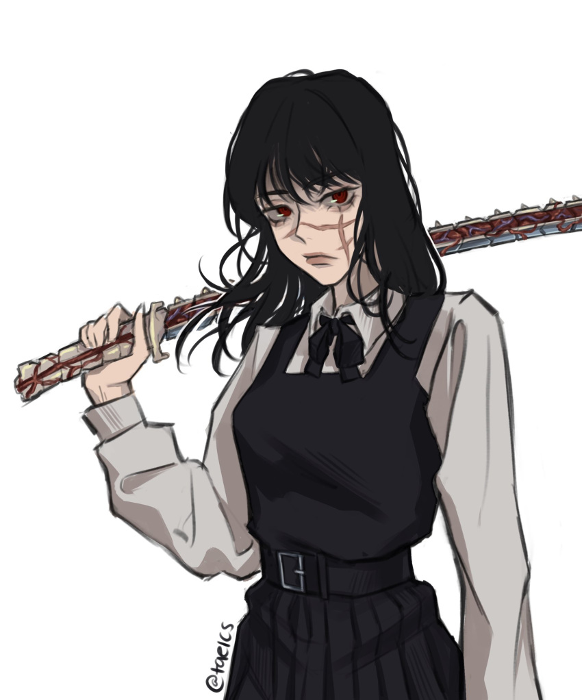 1girl black_dress black_hair black_ribbon chainsaw_man collared_shirt cross_scar dress highres holding holding_sword holding_weapon long_hair looking_at_viewer pinafore_dress red_eyes ribbon ringed_eyes scar scar_on_cheek scar_on_face shirt simple_background solo spine sword taeics weapon white_background white_shirt yoru_(chainsaw_man)