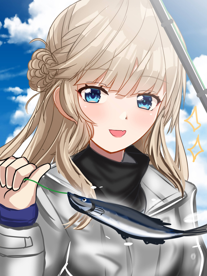 1girl absurdres alternate_costume bangs black_shirt black_sweater blonde_hair blue_eyes blue_sky blunt_bangs braid caught clouds cloudy_sky day fish fishing fishing_line fishing_rod gradient_eyes hair_bun highres holding holding_string jacket kantai_collection light_brown_hair long_hair long_sleeves looking_at_viewer mixed-language_commentary multicolored_eyes portrait ranger_(kancolle) roko_roko_(doradorazz) shirt side_braids single_side_bun sky smile solo string sweater turtleneck turtleneck_sweater white_jacket