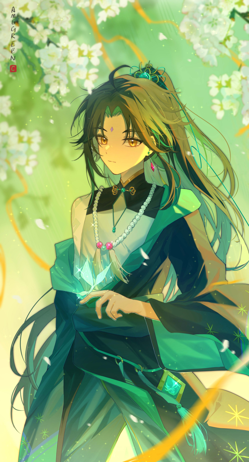 1boy absurdres arm_tattoo bead_necklace beads black_hair chinese_clothes genshin_impact green_hair highres jewelry long_sleeves male_focus multicolored_hair necklace ponytail single_bare_shoulder suzushi tassel tattoo two-tone_hair vision_(genshin_impact) xiao_(genshin_impact) yellow_eyes