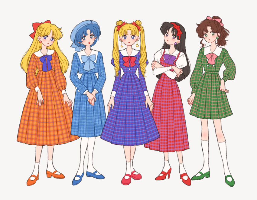 5girls :o aino_minako alternate_costume bangs bishoujo_senshi_sailor_moon black_hair blonde_hair blue_bow blue_dress blue_eyes blue_footwear blue_hair blue_headwear bow bowtie brown_hair collar crescent crescent_earrings crossed_arms dress drill_hair earrings flat_color full_body gold_earrings green_dress green_eyes green_footwear green_skirt hair_bow hair_ribbon hairband hand_on_hip headwear_request high_ponytail hino_rei jewelry juliet_sleeves kino_makoto long_hair long_sleeves looking_at_another makeup mizuno_ami multiple_girls orange_dress orange_footwear own_hands_together parted_bangs parted_lips pinafore_dress pink_bow pink_footwear pink_ribbon plaid plaid_dress plaid_skirt pleated_dress pleated_skirt ponytail puffy_long_sleeves puffy_sleeves purple_bow purple_dress red_bow red_dress red_footwear red_hairband red_lips retro_artstyle ribbon rikuwo sailor_collar sailor_dress sailor_moon shirt short_hair simple_background skirt sleeve_cuffs socks standing tsukino_usagi twin_drills twintails two-tone_dress violet_eyes white_background white_collar white_sailor_collar white_shirt white_socks