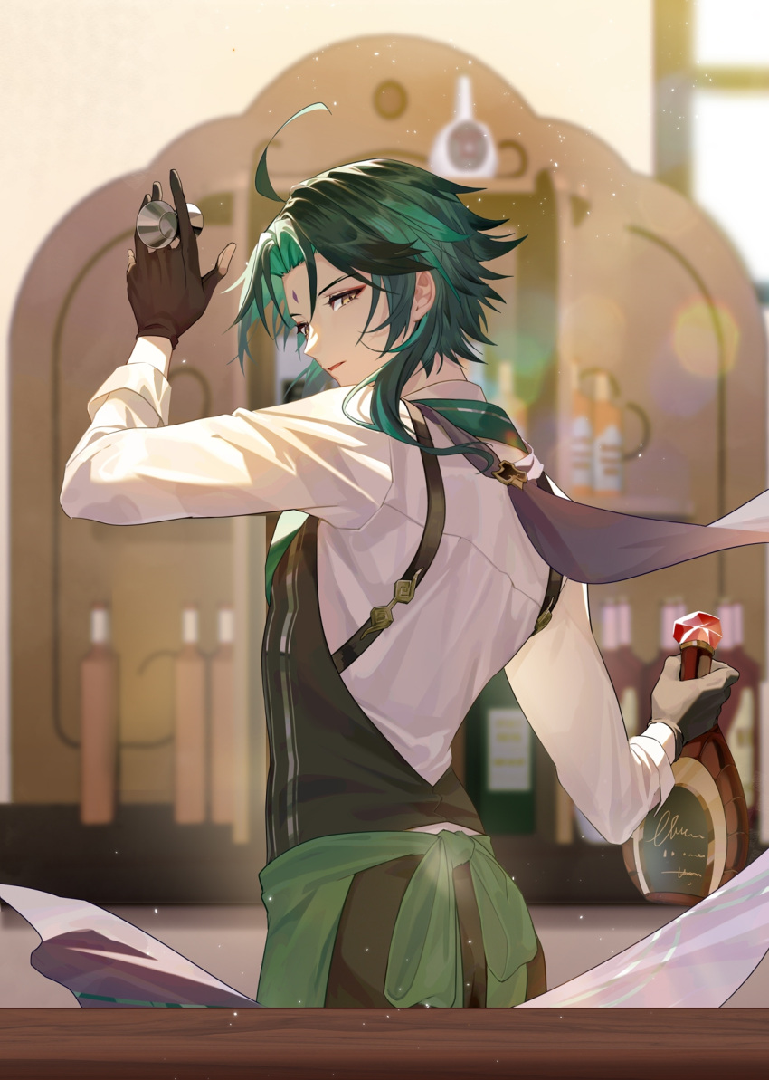 1boy ahoge alcohol apron arm_up bangs bar_(place) bartender black_gloves black_vest blurry blurry_background bottle cape collared_shirt commentary_request counter eyeshadow facial_mark forehead_mark genshin_impact gloves green_apron green_hair hand_up highres holding holding_bottle indoors jigger light_particles long_sleeves looking_at_viewer looking_back makeup male_focus multicolored_hair open_mouth parted_bangs parted_lips purple_cape red_eyeshadow shelf shirt short_hair_with_long_locks sidelocks solo standing streaked_hair upper_body vest waist_apron white_shirt window xiao_(genshin_impact) yellow_eyes yunifengxia