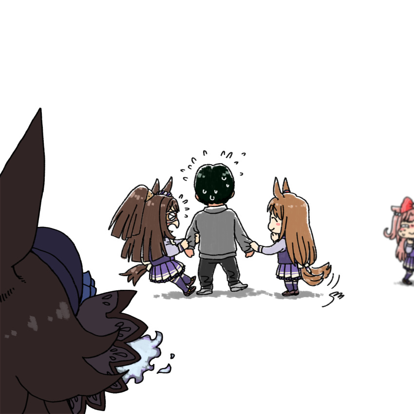 &gt;_&lt; 1boy 4girls ^_^ agnes_digital_(umamusume) animal_ears black_pants blue_headwear bow brown_footwear brown_hair chibi closed_eyes domino_mask el_condor_pasa_(umamusume) flying_sweatdrops frilled_skirt frills from_behind grass_wonder_(umamusume) grey_sweater hair_bow highres horse_ears horse_girl horse_tail human_tug_of_war long_hair long_sleeves mask matoba_hitoshi moriseishiro_(uroshiiserimo) multiple_girls pants pink_hair pleated_skirt ponytail purple_serafuku purple_shirt purple_skirt purple_thighhighs red_bow rice_shower_(umamusume) sailor_collar sailor_shirt school_uniform serafuku shirt simple_background skirt sweater tail thigh-highs tilted_headwear tracen_school_uniform trainer_(umamusume) two_side_up umamusume white_background