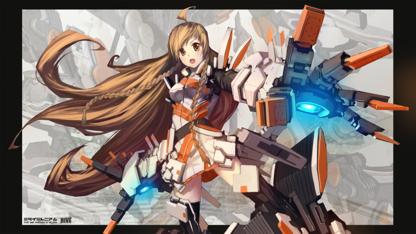 armor braid braids brown_eyes danny_choo_(website) dannychoo highres long_hair mecha_musume miniskirt mirai mirai_millennium mirai_suenaga orange_hair power_armor suenaga suenaga_mirai thighhighs twin_braids very_long_hair windowboxed