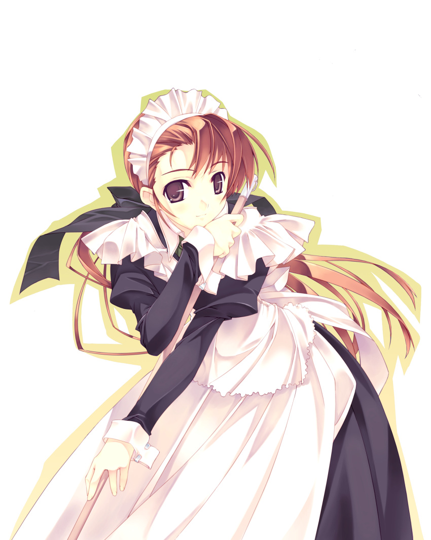 apron broom brown_eyes brown_hair long_hair maid maid_headdress murakami_suigun smile solo