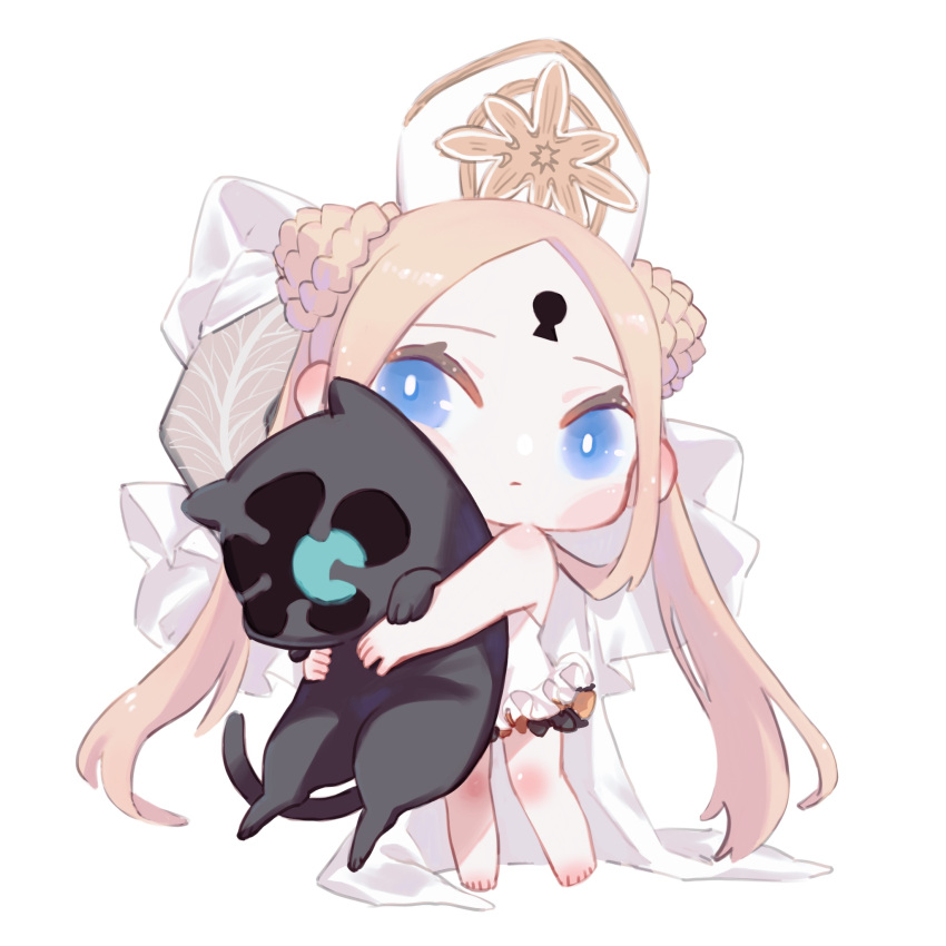 1girl abigail_williams_(fate) abigail_williams_(swimsuit_foreigner)_(second_ascension)_(fate) animal bangs black_bow black_cat blonde_hair blue_eyes blush bow braid braided_bun cat chibi double_bun dress_swimsuit fate/grand_order fate_(series) frilled_swimsuit frills full_body hair_bun hat highres holding holding_animal holding_cat keyhole long_hair mitre neko_(takanashi) one-piece_swimsuit orange_bow parted_bangs simple_background swimsuit very_long_hair white_background white_headwear white_one-piece_swimsuit