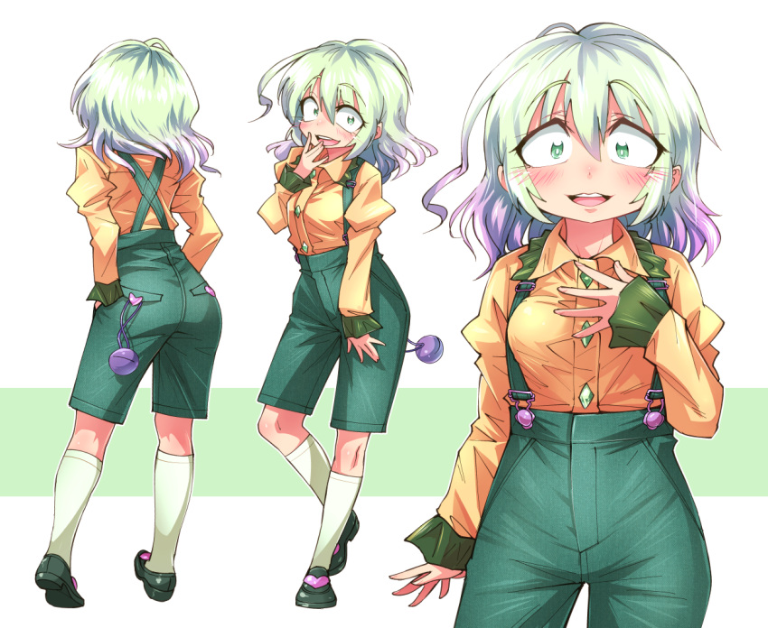 1girl adapted_costume bangs blush breasts buttons collared_shirt commentary_request diamond_button eyeball frilled_sleeves frills full_body gradient_hair green_eyes green_hair green_shorts komeiji_koishi long_sleeves looking_at_viewer medium_breasts medium_hair multicolored_hair multiple_views open_mouth pink_hair shimizu_pem shirt shorts smile suspender_shorts suspenders third_eye touhou yellow_shirt