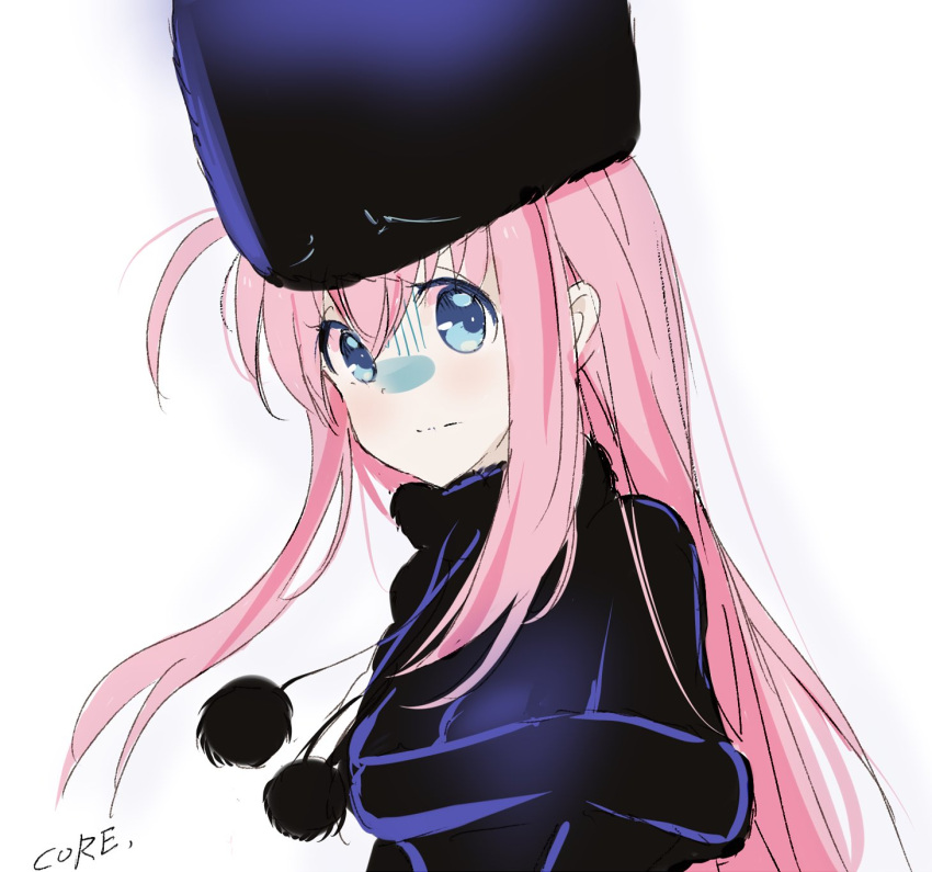 1girl bangs black_dress black_headwear blue_eyes bocchi_the_rock! closed_mouth core_(mayomayo) cosplay dress fur_hat ginga_tetsudou_999 gotou_hitori hair_between_eyes hat highres long_hair looking_at_viewer maetel maetel_(cosplay) pink_hair portrait scared simple_background solo white_background