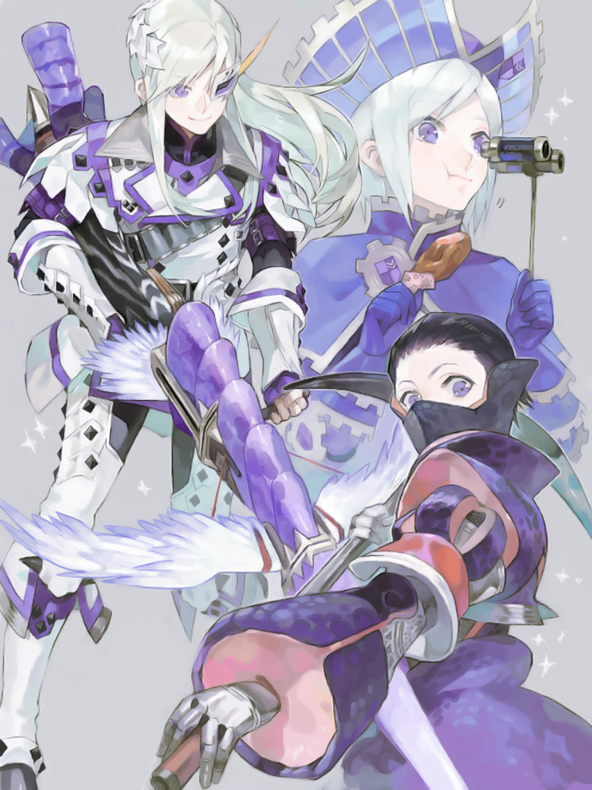 1boy 2others :t armor barioth_(armor) binoculars chameleos_(armor) chewing covered_mouth eating food full_armor gloves hair_ornament hair_slicked_back hat highres holding holding_food long_hair looking_at_viewer lunastra_(armor) meat monster_hunter_(series) multiple_others nishihara_isao oekaki purple_gloves purple_hair short_hair violet_eyes weapon white_hair