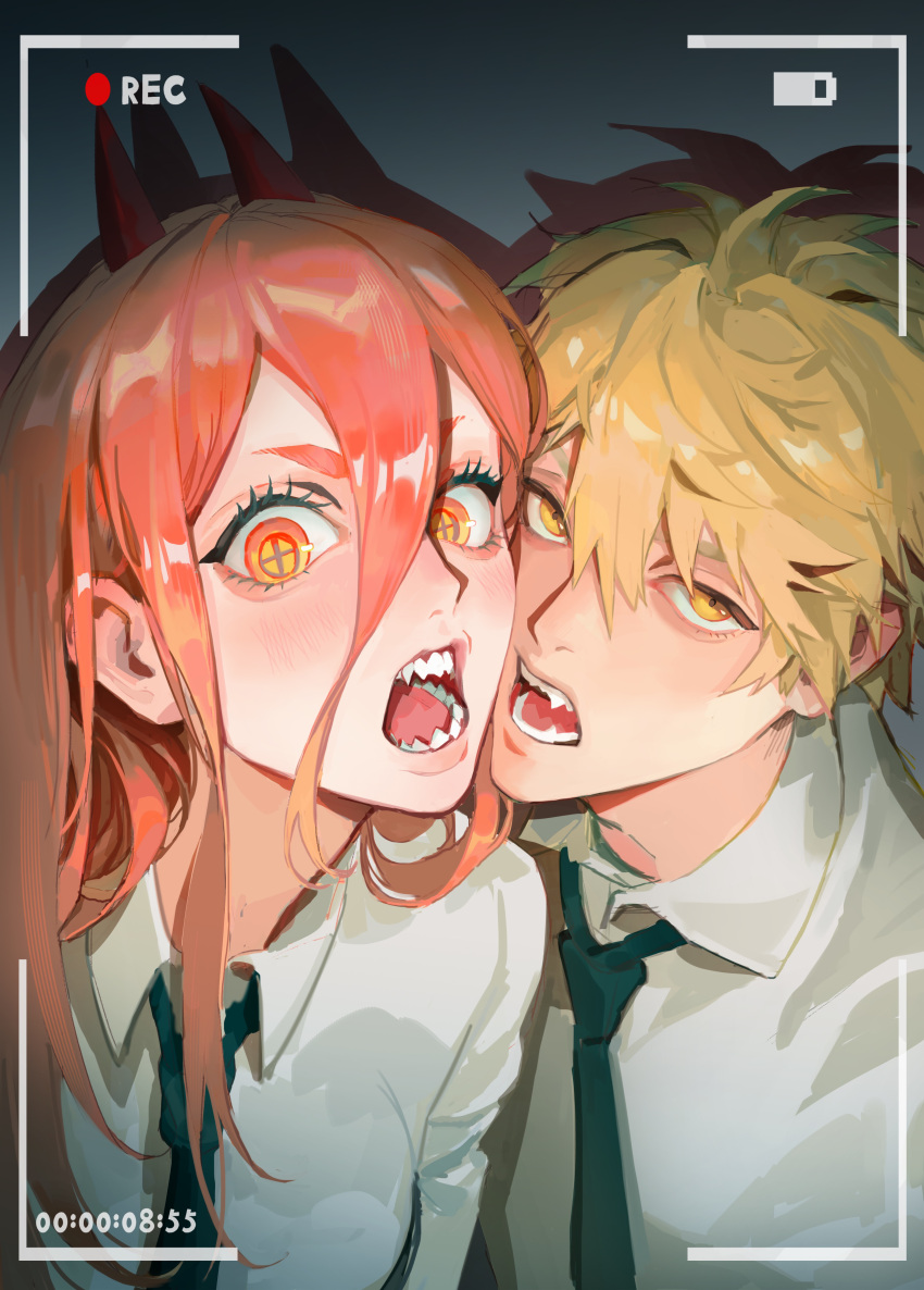 1boy 1girl absurdres bangs battery_indicator black_necktie blonde_hair blue_background chainsaw_man cheek-to-cheek collared_shirt commentary cross-shaped_pupils demon_horns denji_(chainsaw_man) drop_shadow fangs gradient gradient_background hair_between_eyes heads_together highres horns long_bangs long_hair looking_at_viewer necktie open_mouth orange_hair phone_screen portrait power_(chainsaw_man) quan_dao recording red_horns shirt short_hair symbol-only_commentary symbol-shaped_pupils viewfinder white_shirt wide-eyed yellow_eyes
