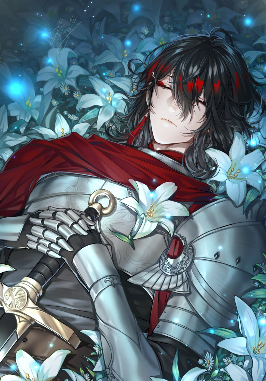 1boy absurdres armor bangs black_hair breastplate cape cheche98711466 closed_eyes closed_mouth collaboration commentary earrings english_commentary eyelashes eyeshadow flower gauntlets gradient_hair hair_between_eyes hair_ornament hairclip highres holding holding_sword holding_weapon jewelry kingchenxi knight lily_(flower) lying makeup male_focus medium_hair multicolored_hair nijisanji nijisanji_en on_back own_hands_together red_cape red_eyeshadow redhead shoulder_armor sidelocks signature single_earring solo sword tassel tassel_earrings upper_body virtual_youtuber vox_akuma weapon white_flower