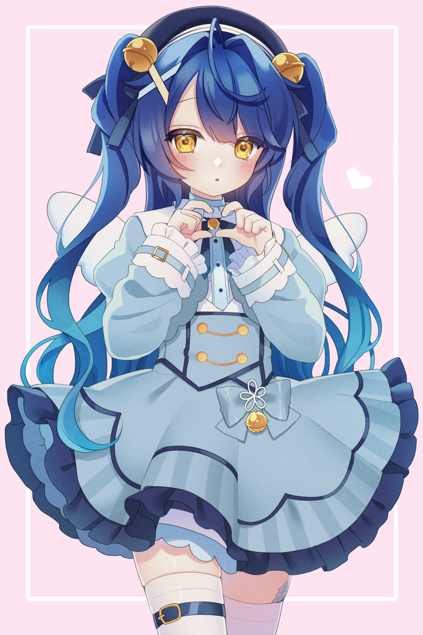 1girl absurdres amamiya_kokoro bell black_ribbon blue_dress blue_hair blush dress garter_straps hair_bell hair_ornament hair_ribbon hat heart heart_hands highres leg_tattoo long_hair long_sleeves looking_at_viewer nijisanji open_mouth ribbon solo tattoo thigh-highs twintails two_side_up uu3cm virtual_youtuber white_thighhighs yellow_eyes