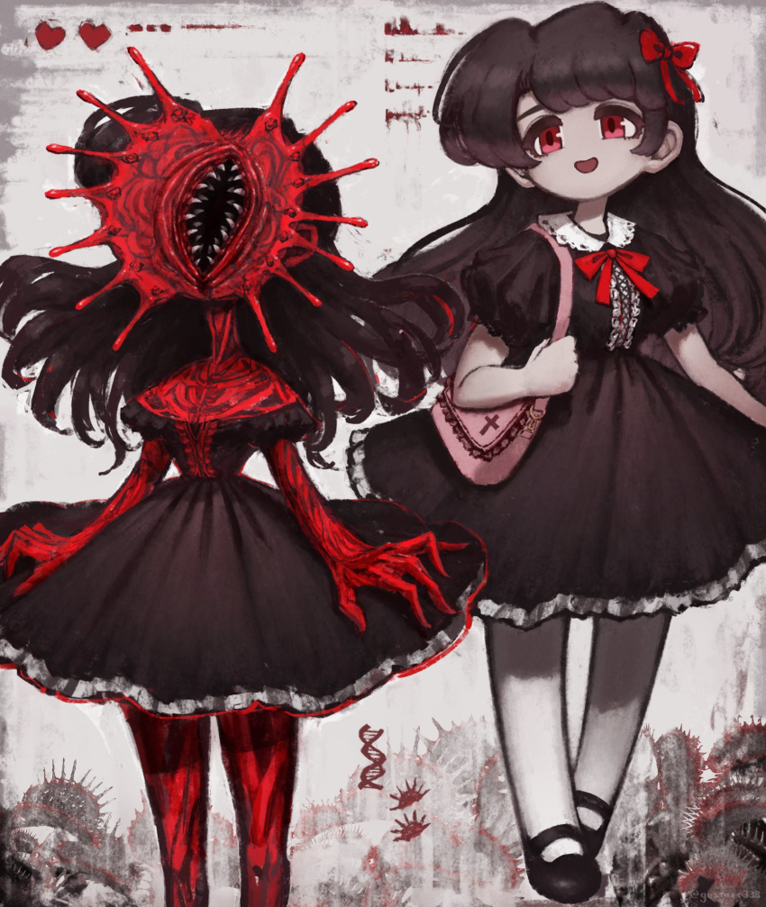 1girl bag bangs before_and_after bow bowtie brown_dress brown_hair carnivorous_plant center_frills collar collared_dress colored_skin dress eldritch_abomination fangs frills gestart333 handbag heart highres mary_janes medium_dress monster original pink_bag puffy_short_sleeves puffy_sleeves red_bow red_bowtie red_ribbon red_skin ribbon shoes short_sleeves smile solo thigh-highs white_collar white_thighhighs