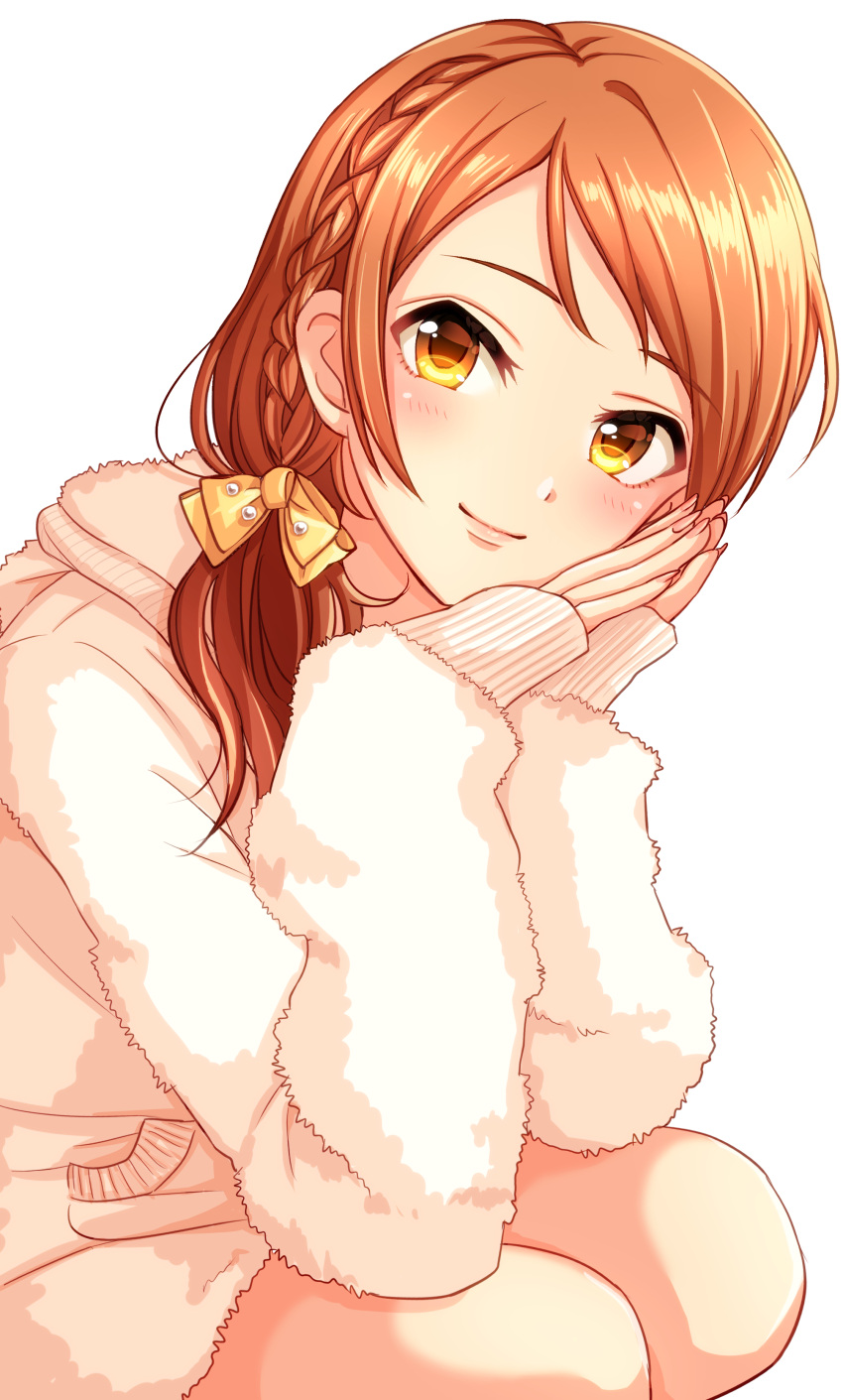 1girl absurdres blush bow braid fur_jacket hair_bow head_rest highres hojo_karen hood hooded_jacket idolmaster idolmaster_cinderella_girls jacket looking_at_viewer orange_hair own_hands_together popon_ta side_ponytail simple_background smile solo squatting white_background