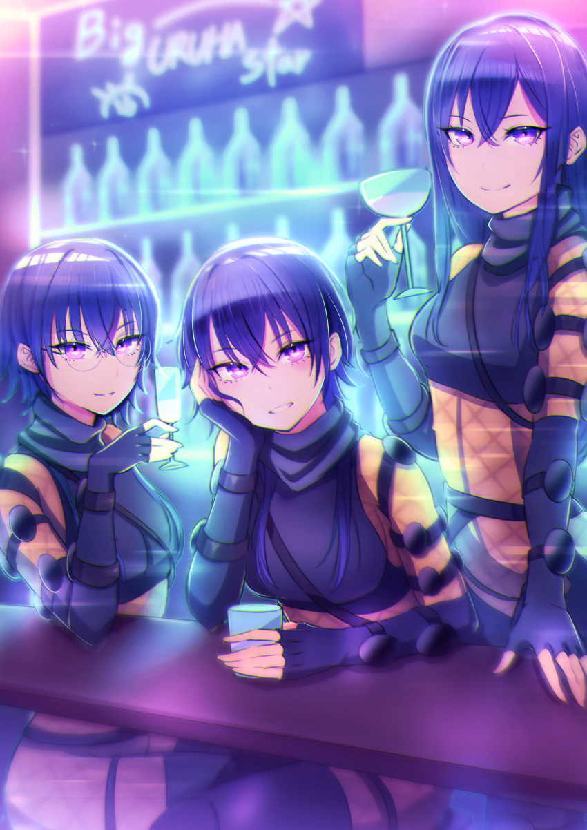 3girls absurdres apex_legends bangs black_gloves black_hair blue_hair bodysuit bottle breasts clone colored_tips cosplay cup drinking_glass fingerless_gloves glasses gloves hair_behind_ear hair_between_eyes highres holding holding_cup ichinose_uruha kiiro_(cocoa080) long_hair looking_at_viewer lupinus_virtual_games mirage_(apex_legends) mirage_(apex_legends)_(cosplay) multicolored_hair multiple_girls parted_lips small_breasts smile star_(symbol) violet_eyes virtual_youtuber vspo! wine_glass yellow_bodysuit