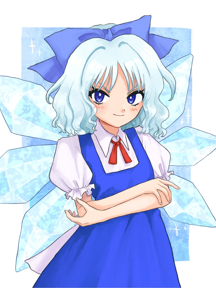 1girl blue_bow blue_dress blue_eyes blue_hair bow chunmarupi cirno closed_mouth collared_shirt crossed_arms dress hair_bow highres ice ice_wings looking_at_viewer pinafore_dress shirt short_hair short_sleeves simple_background solo touhou v-shaped_eyebrows white_background wings zun_(style)