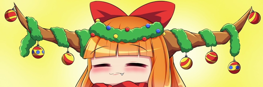 1girl blush bmkro bow christmas_ornaments christmas_tree christmas_tree_costume closed_eyes closed_mouth fang hair_bow highres horns ibuki_suika oni_horns orange_hair puffy_cheeks smile solo touhou yellow_background